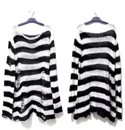 Sweter w paski oversize z wycięciami w stylu Harajuku Biały