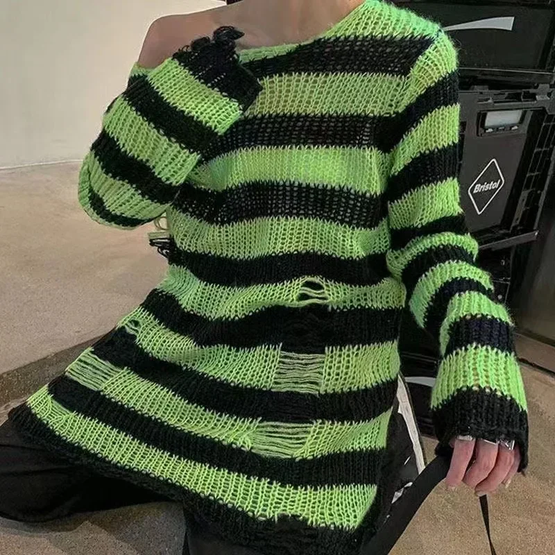 Sweter w paski oversize z wycięciami w stylu Harajuku Khaki