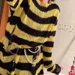 Sweter w paski oversize z wycięciami w stylu Harajuku Lawenda