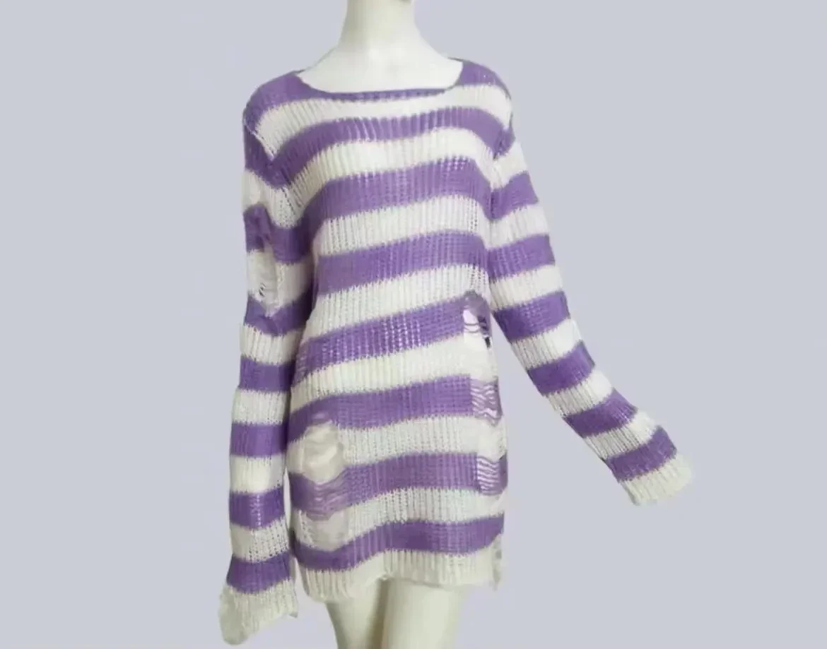 Sweter w paski oversize z wycięciami w stylu Harajuku Niebieski