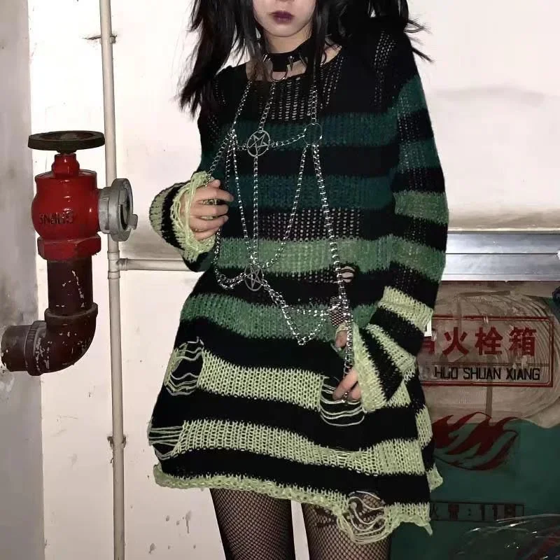 Sweter w paski oversize z wycięciami w stylu Harajuku Wielo
