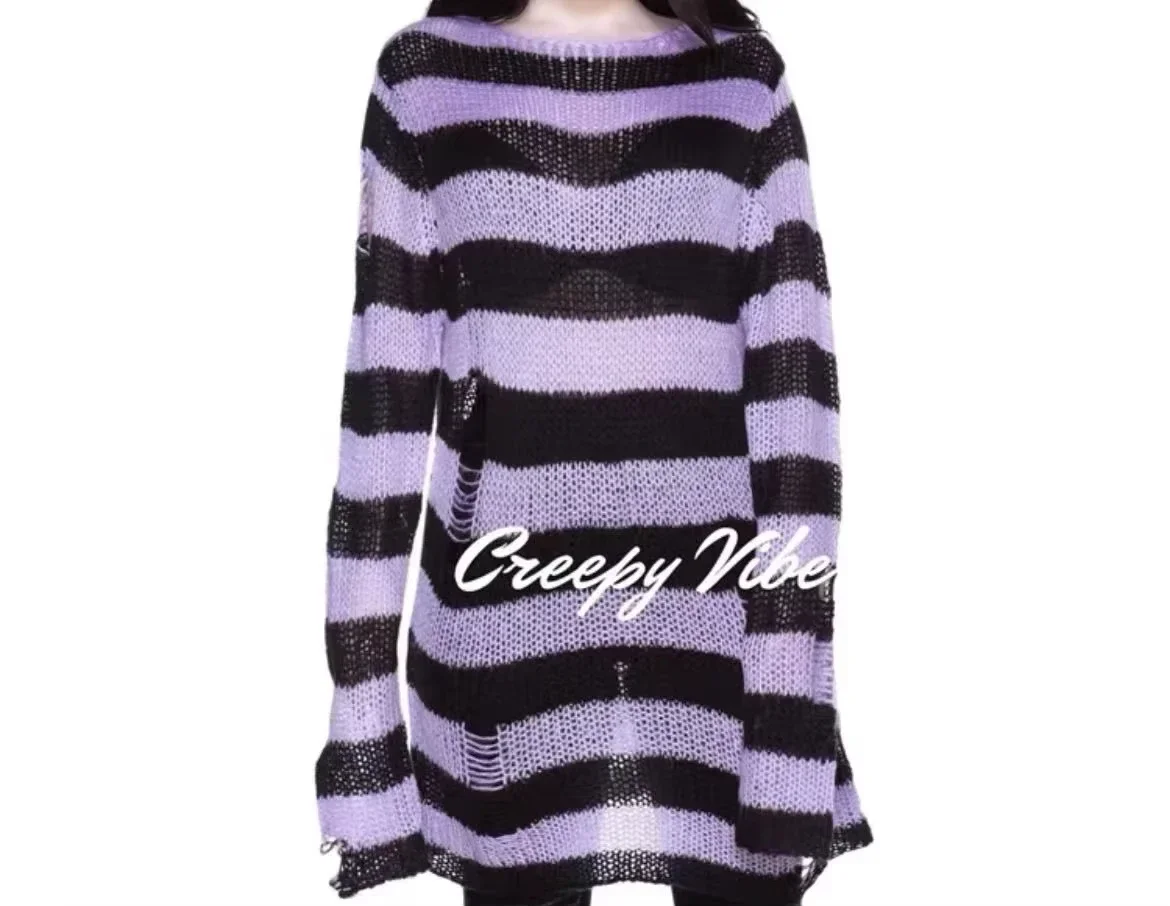 Sweter w paski oversize z wycięciami w stylu Harajuku Złoto