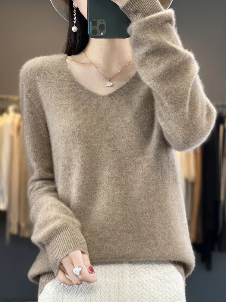 Sweter z wełny merynosów dekolt w serek jesienny Głównik