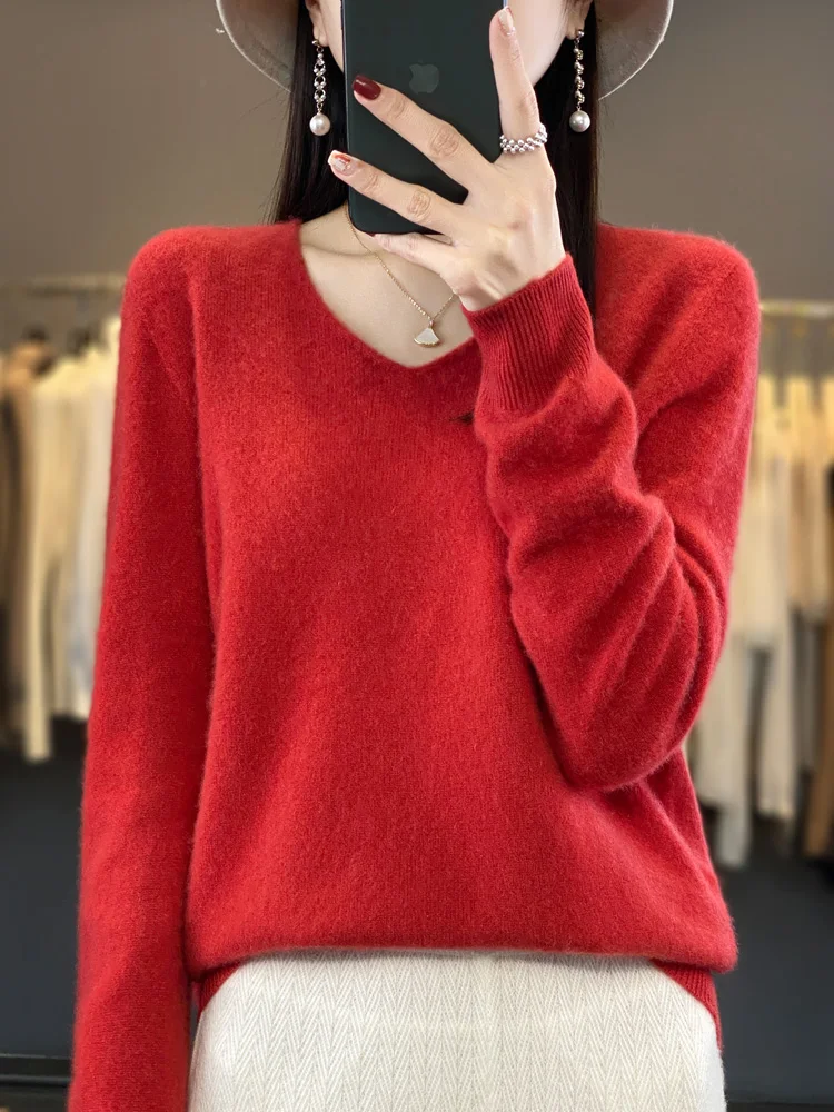 Sweter z wełny merynosów dekolt w serek jesienny Pomarańczowy