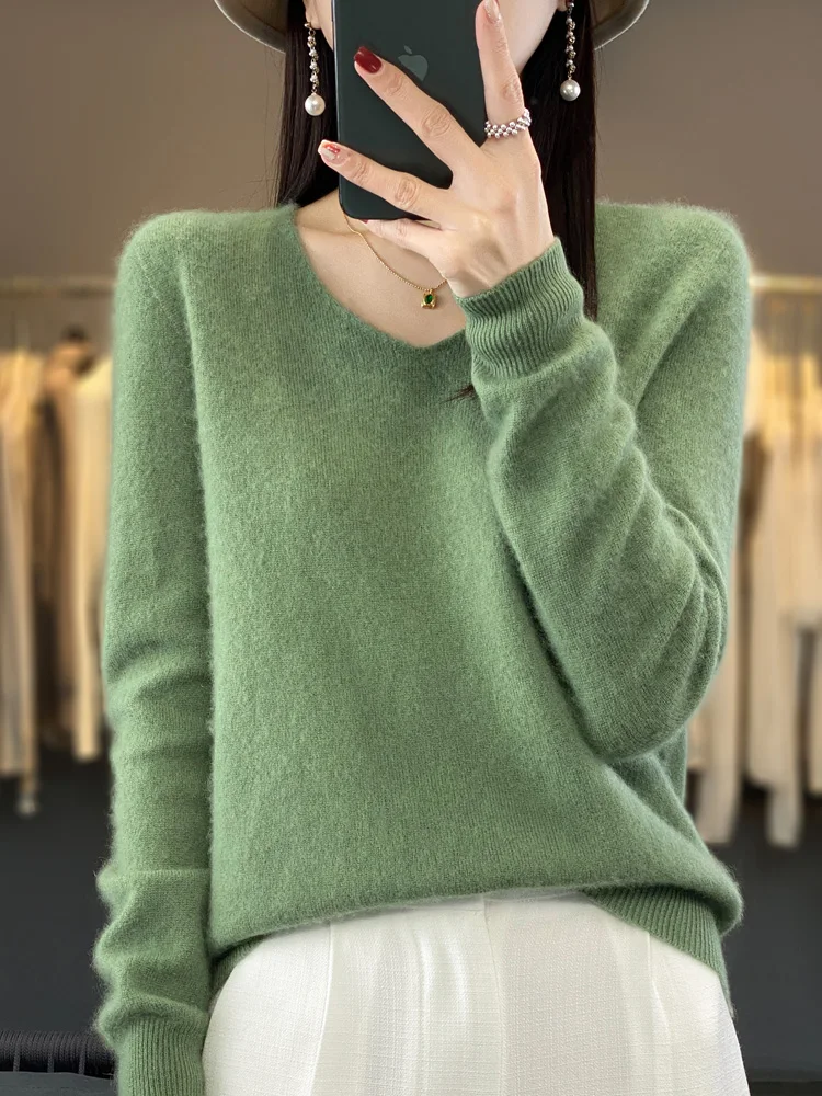 Sweter z wełny merynosów dekolt w serek jesienny Turkusowy