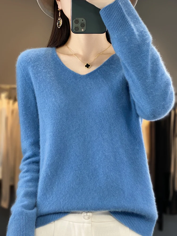 Sweter z wełny merynosów dekolt w serek jesienny Złoto