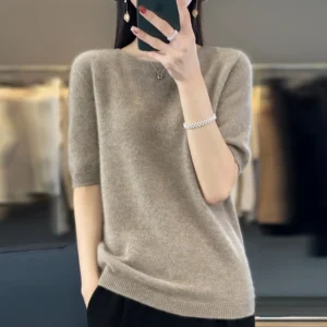 Sweter z wełny merynosów z krótkim rękawem Zielony