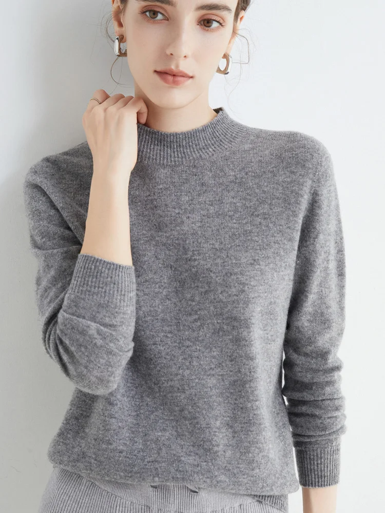 Sweter z wełny merynosowej z półwysokim kołnierzem Szary
