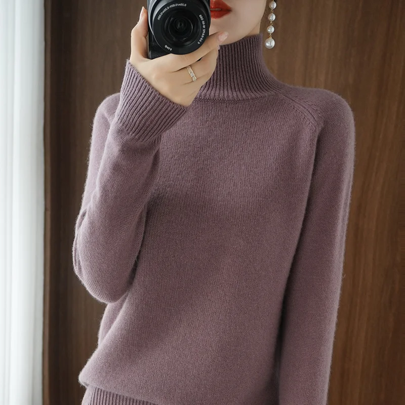Sweter z golfem z wełny merino i kaszmiru Fioletowy