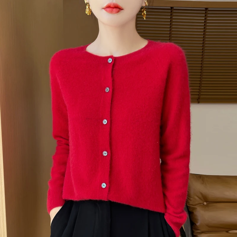 Sweter z wełny merino z okrągłym dekoltem Czerwony
