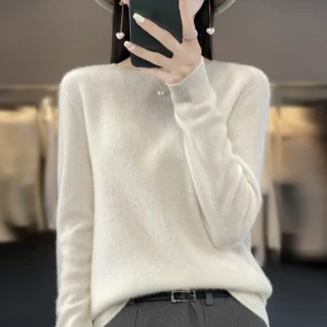 Sweter z wełny merynosów z dekoltem okrągłym Biały