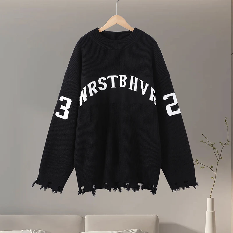 Sweter z żakardowym wzorem literowym oversize klasyczny Zielony