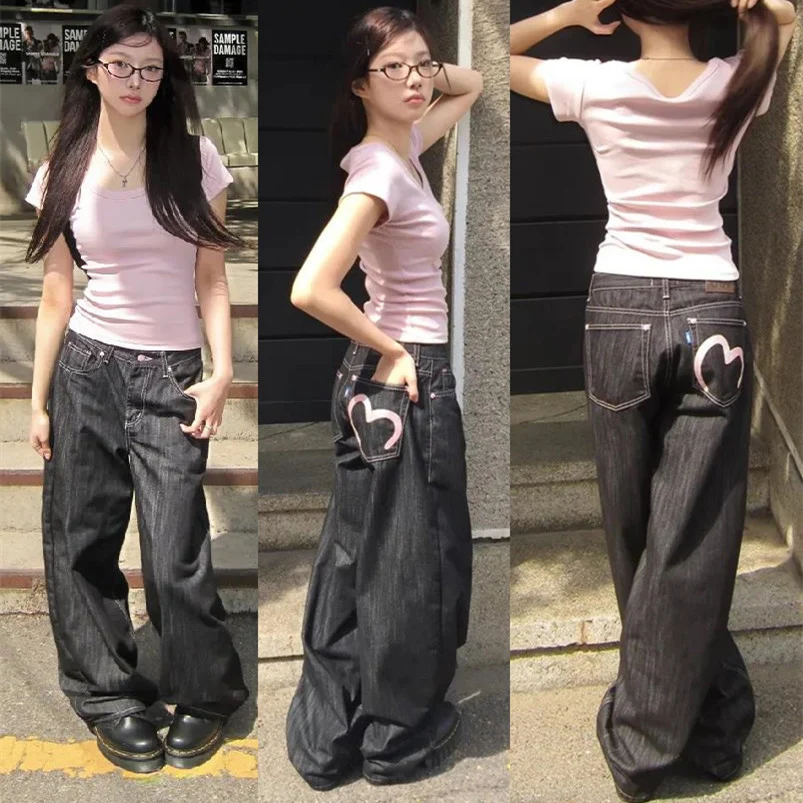 Szerokie jeansy damskie Y2K grunge mom jeans Czarny