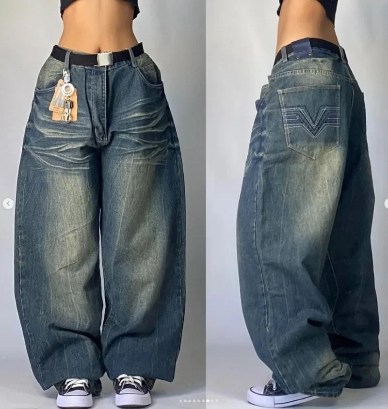 Szerokie jeansy Y2K baggy z haftowanym wzorem — streetwear Armijna zieleń