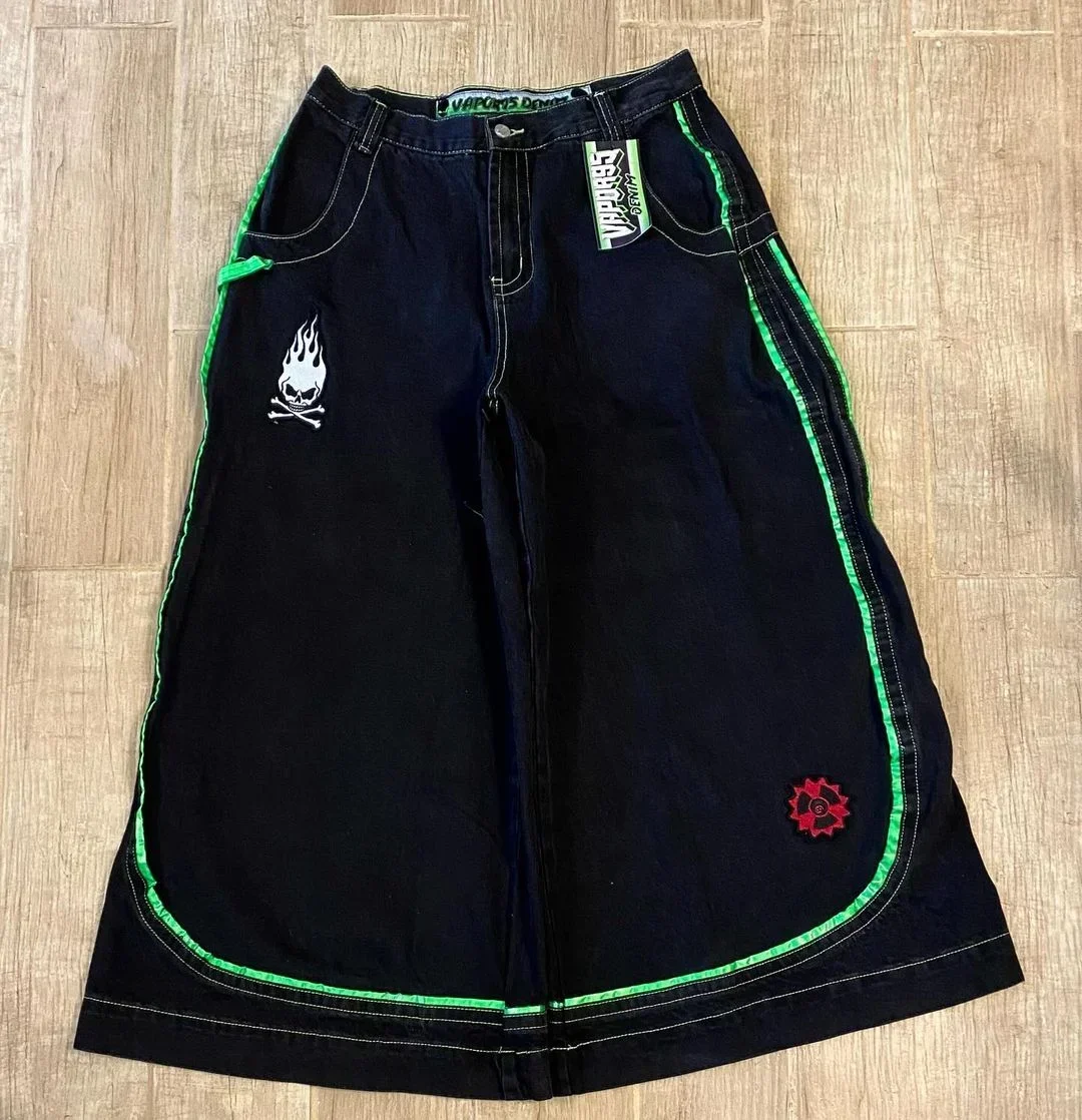 Szerokie jeansy Y2K baggy z haftowanym wzorem — streetwear Głęboki niebieski