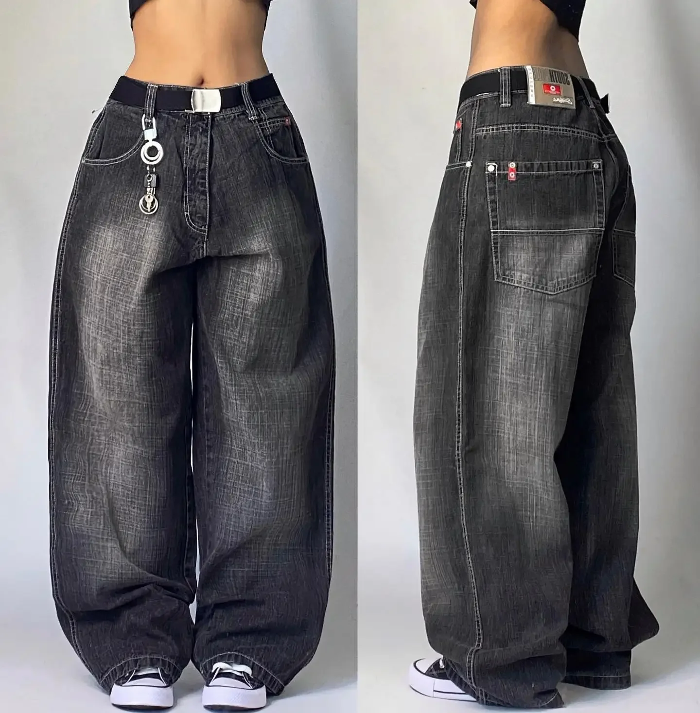 Szerokie jeansy Y2K baggy z haftowanym wzorem — streetwear Kolba
