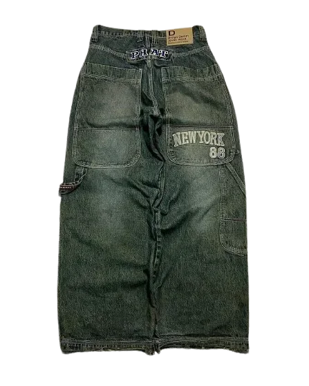 Szerokie jeansy Y2K baggy z haftowanym wzorem — streetwear Szary