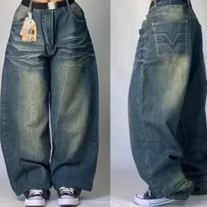 Szerokie jeansy Y2K z haftem retro — baggy dla kobiet Czarny