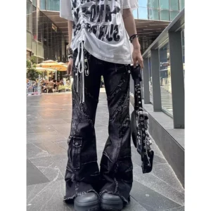 Szerokie jeansy Y2K z dzwonami patchworkowe w stylu Harajuku Czarny