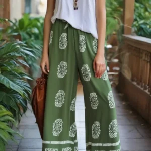 Szerokie spodnie boho w kwiaty z gumką w pasie Beżowy