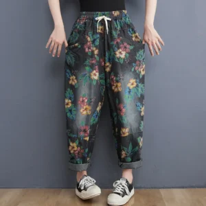 Szerokie spodnie jeansowe damskie oversize — vintage Harajuku z troczkiem Beżowy