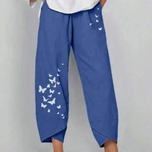 Szerokie spodnie plus size z motywem motyla — palazzo na gumie, XL–5XL Niebieski