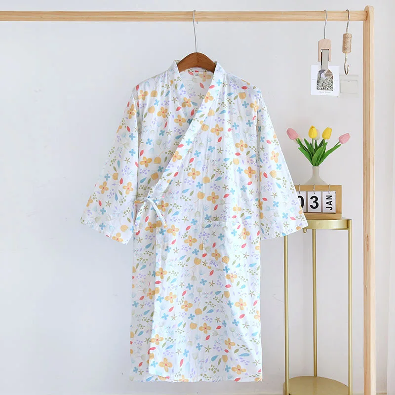 Szlafrok kimono z gazy bawełnianej – długi rękaw, styl japoński Pomarańczowy