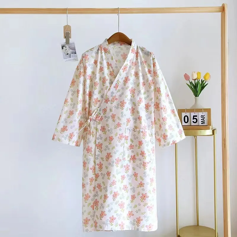 Szlafrok kimono z gazy bawełnianej – długi rękaw, styl japoński Różowy