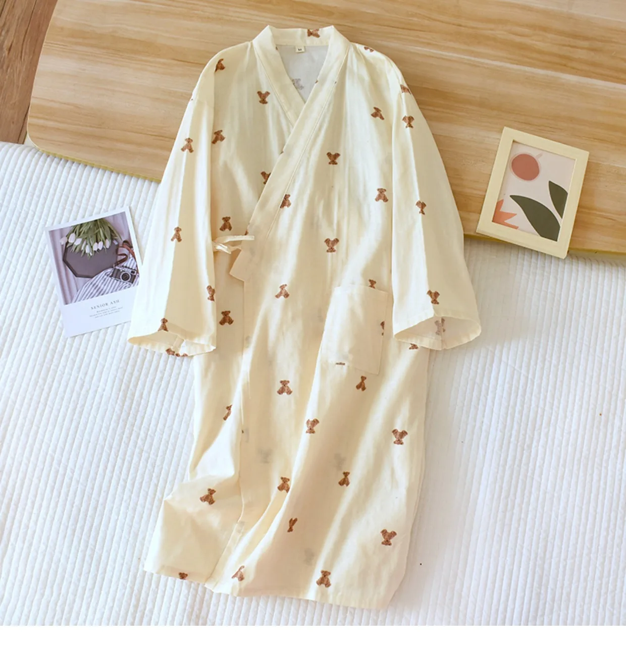 Szlafrok kimono z gazy bawełnianej – długi rękaw, styl japoński żółty