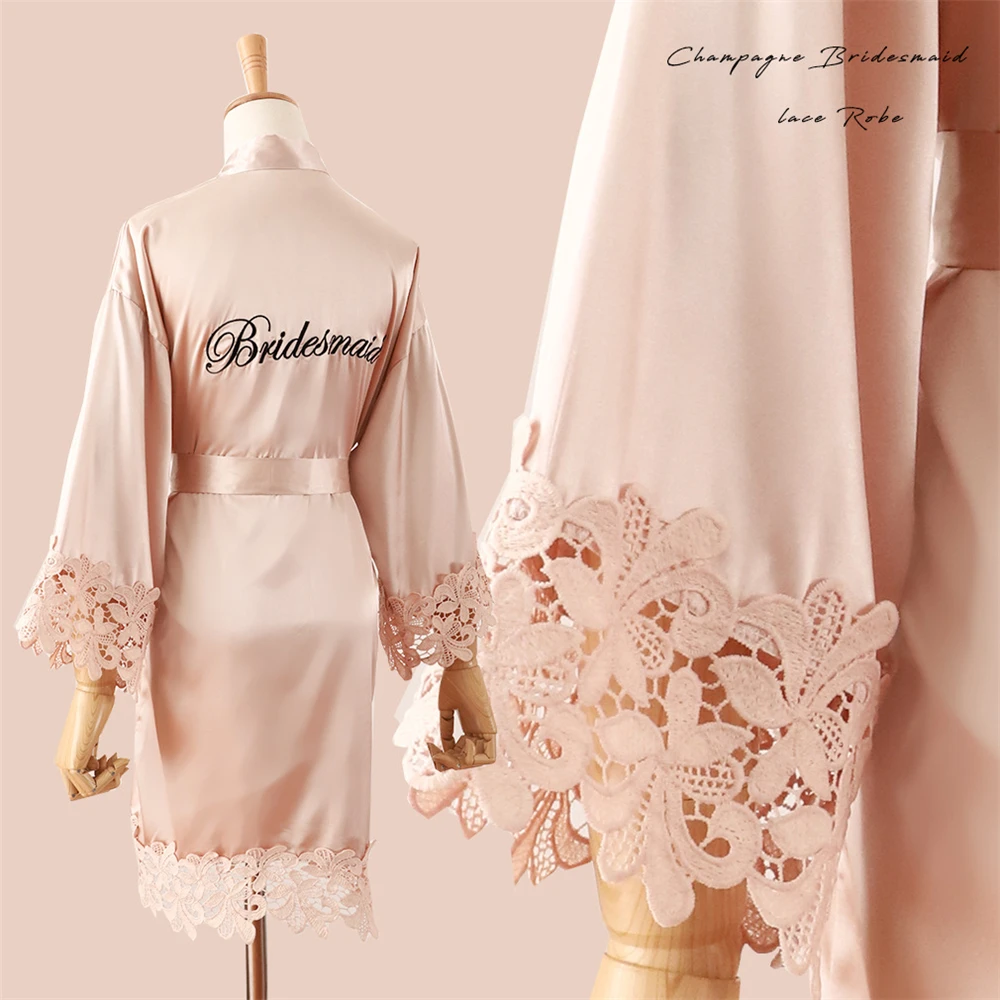 Szlafrok kimono z koronkowym haftem w stylu panny młodej Błękitny