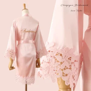 Szlafrok kimono z koronkowym haftem w stylu panny młodej Czarny