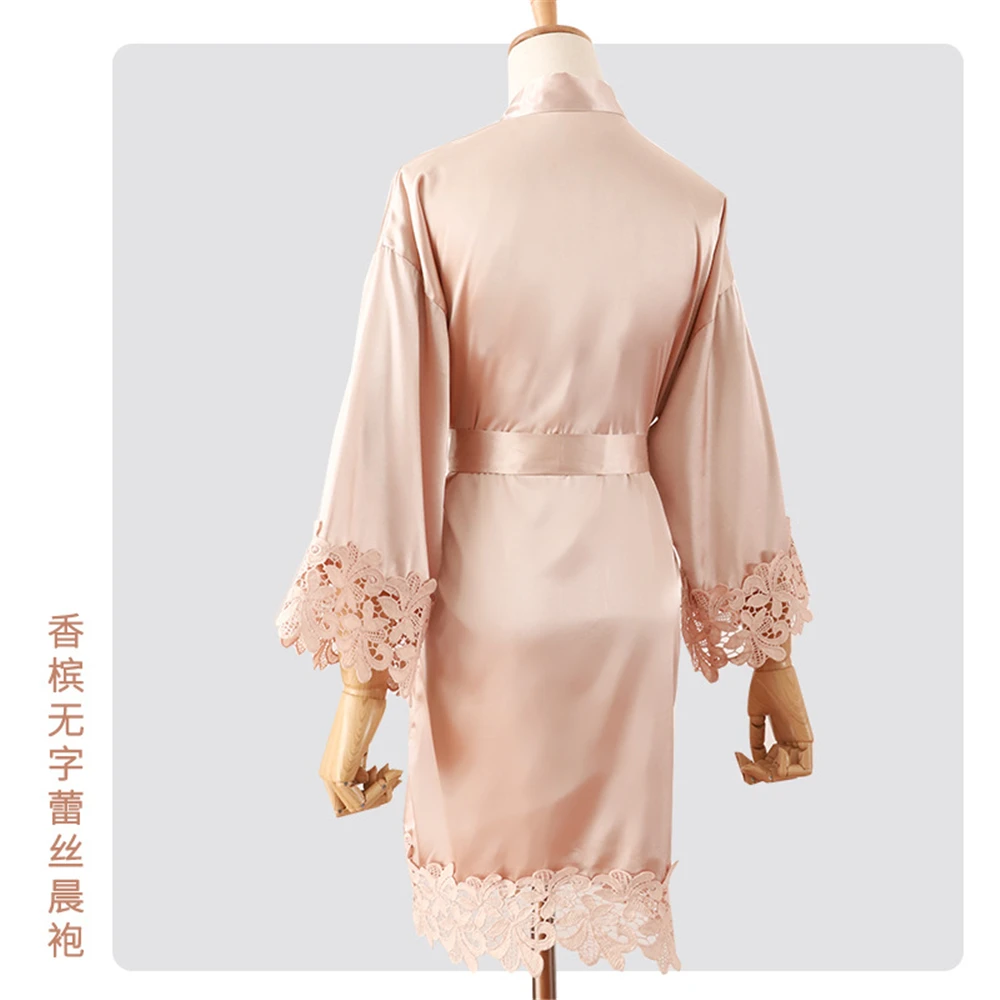 Szlafrok kimono z koronkowym haftem w stylu panny młodej Khaki