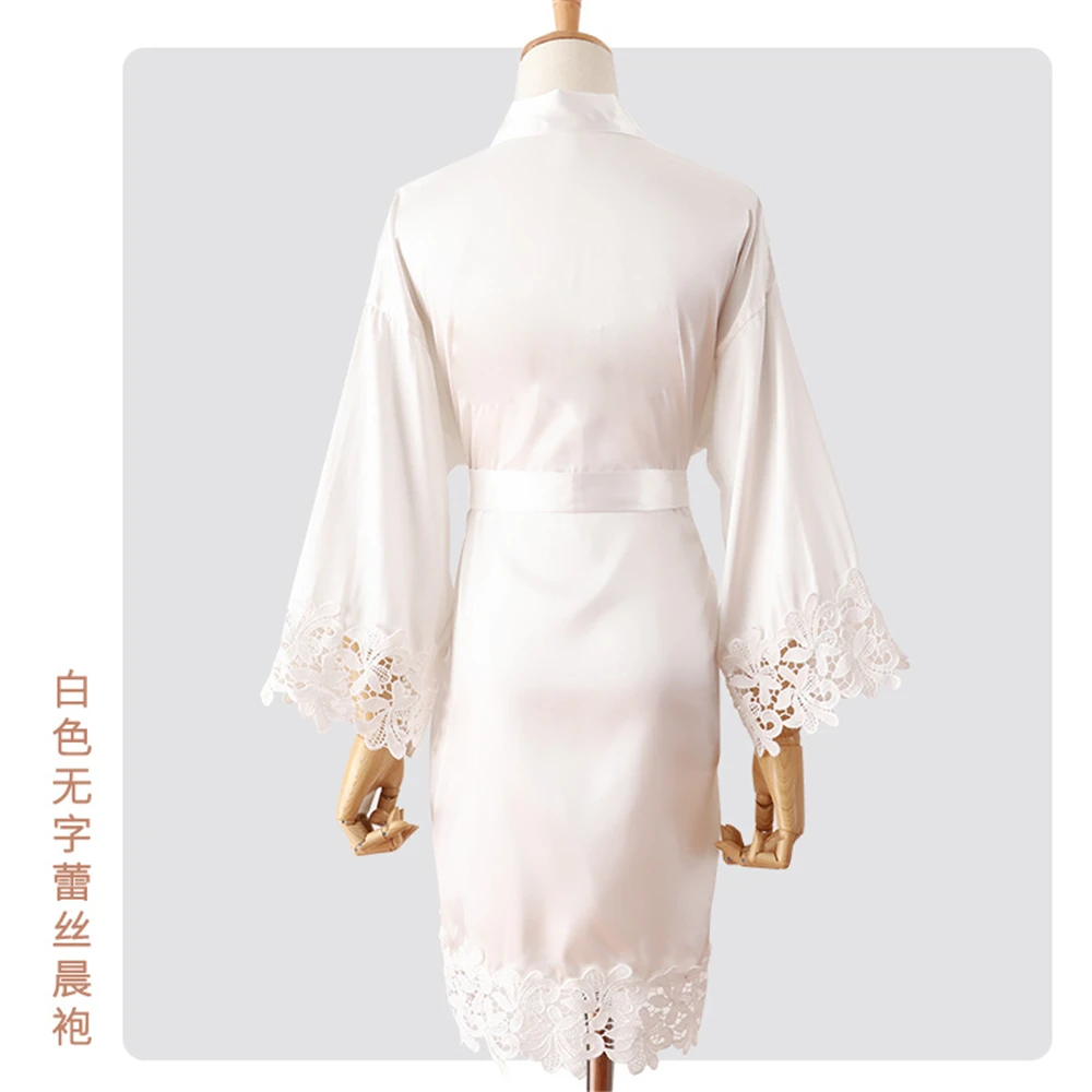 Szlafrok kimono z koronkowym haftem w stylu panny młodej Różowy