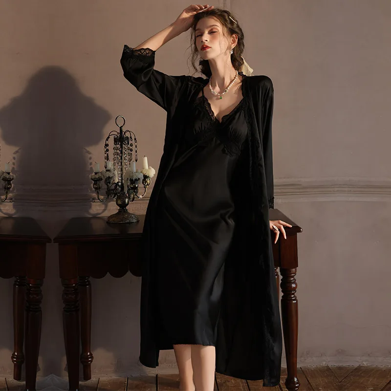 Elegancki komplet szlafrokowo-koszulowy z koronką kimono Ciemnoszary