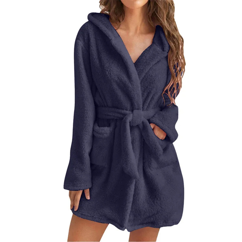 Szlafrok pluszowy damski z kapturem puszysta piżama Brązowy