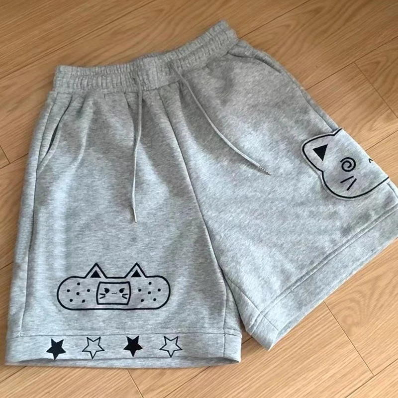 Szorty z szerokimi nogawkami z haftem kota w stylu kawaii Szary