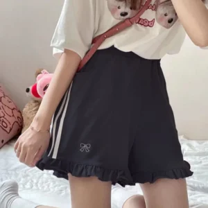 Słodkie szorty z kokardą i wysokim stanem w stylu Kawaii Czarny