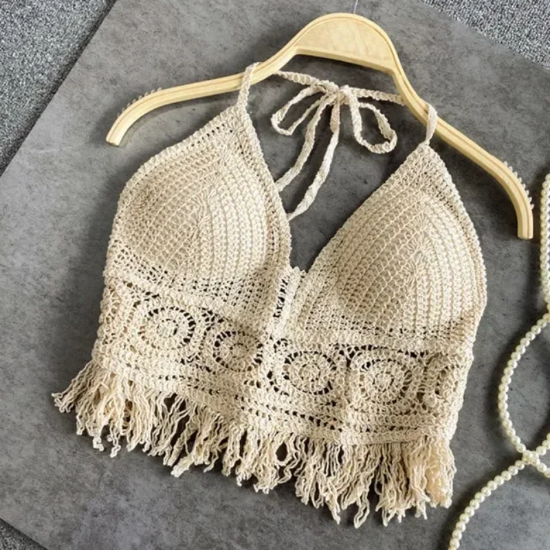 Szydełkowa bluzka boho crop top na ramiączkach Armijna zieleń