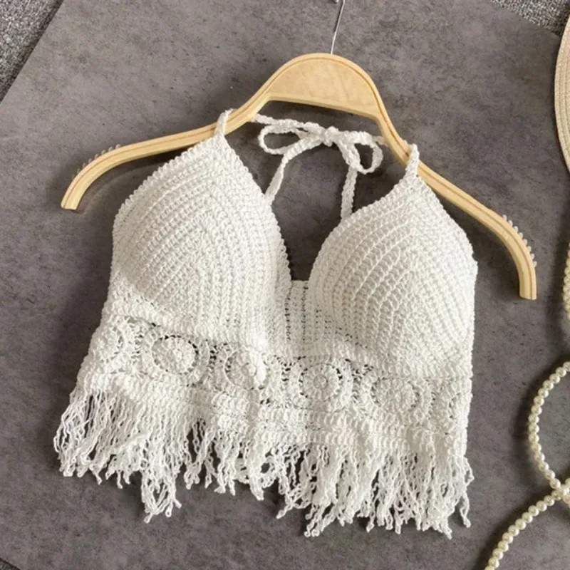 Szydełkowa bluzka boho crop top na ramiączkach Ciemnoszary