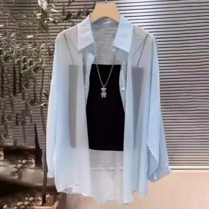 Przewiewna szyfonowa bluzka plus size z lodowego jedwabiu Naturalny