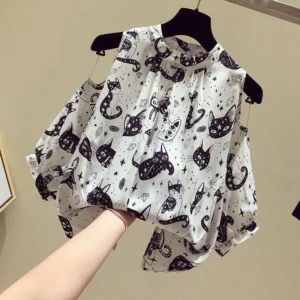 Szyfonowa bluzka damska plus size z odkrytymi ramionami w kwiaty Biały