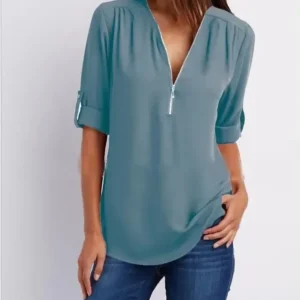 Szyfonowa bluzka z dekoltem V i suwakiem — plus size Multi