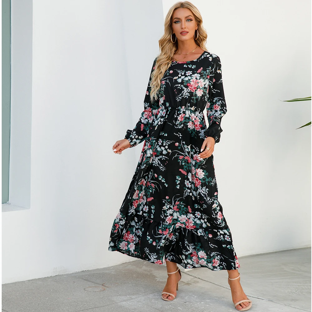 Szyfonowa sukienka maxi boho w kwiaty z długim rękawem Khaki