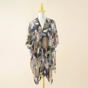 Szyfonowe kimono plażowe w kwiaty okrycie na strój kąpielowy Armijna zieleń