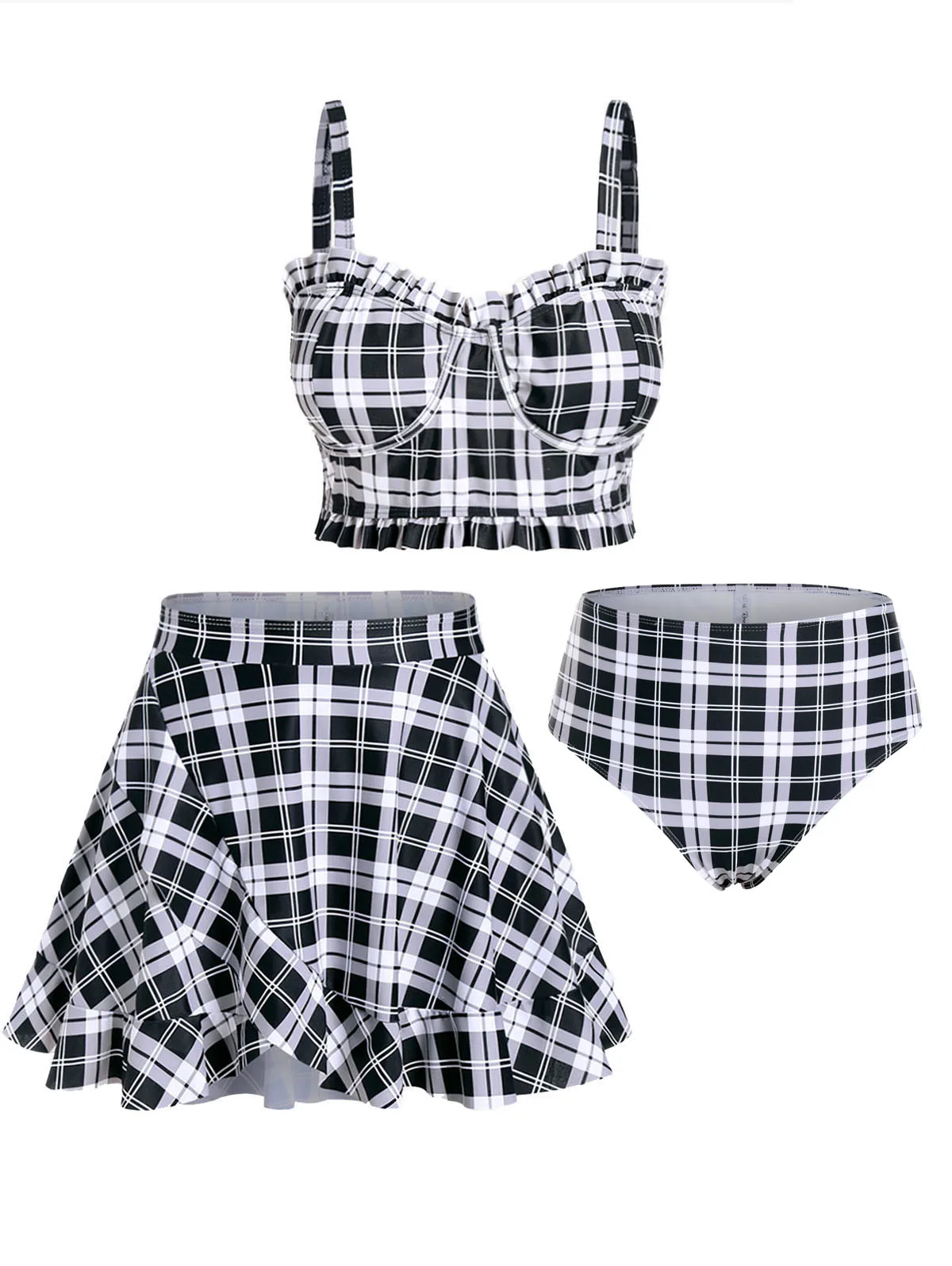 Tankini plus size trzyczęściowy strój kąpielowy ze spódnicą Czarny