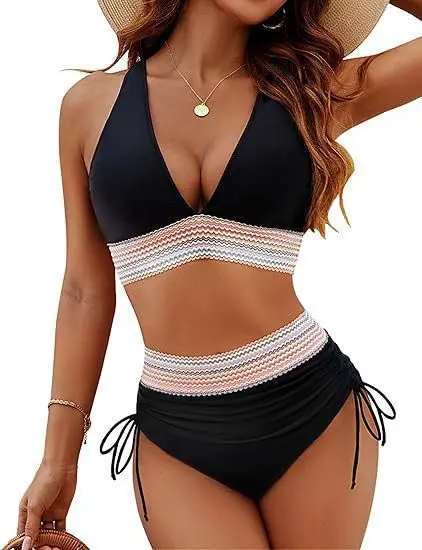Teksturowane bikini z szeroką góra i wysokim stanem Beżowy
