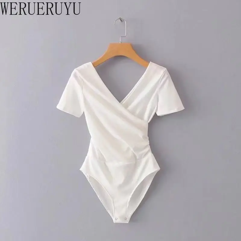 Damski top body z dekoltem V i krótkim rękawem – streetwear Biały