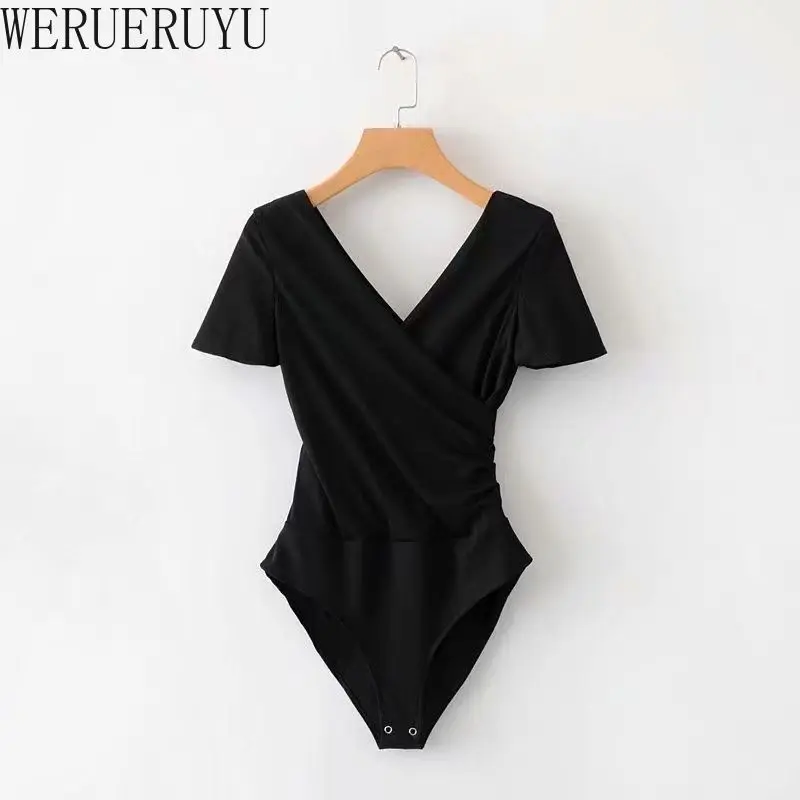 Damski top body z dekoltem V i krótkim rękawem – streetwear Czarny