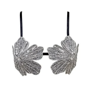 Top bralette z kryształkami i haftem kwiatowym Beżowy