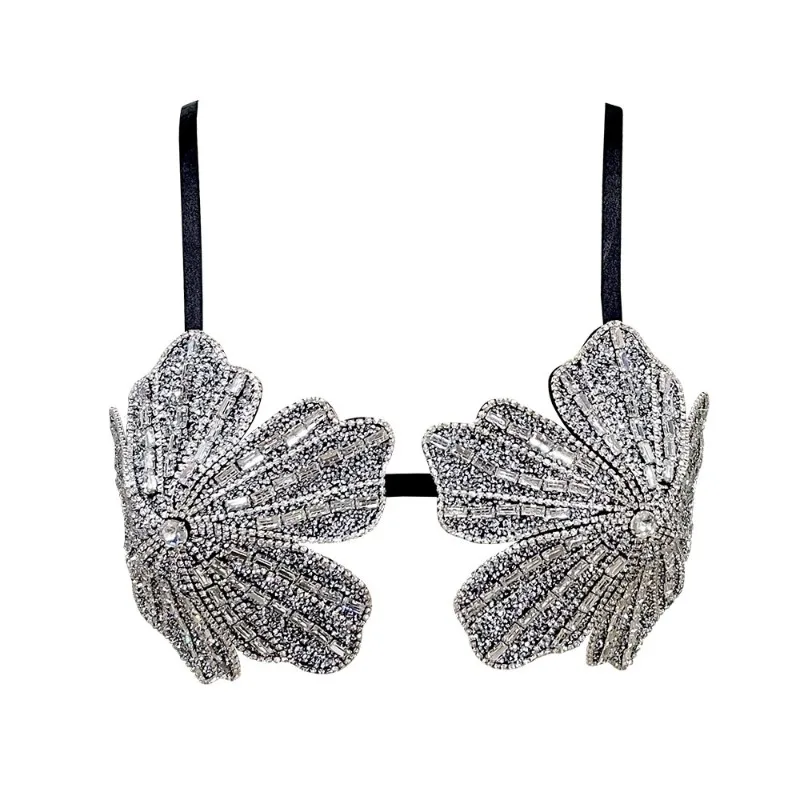 Top bralette z kryształkami i haftem kwiatowym Beżowy